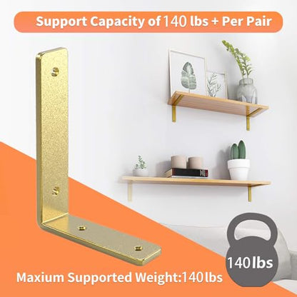 Gold Shelf Brackets 6 Inch, Rustic Iron L Shelf Bracket,Heavy Duty Industrial Shelf Bracket,Gold Metal L Brackets for Shelves Support DIY, 6 Pack