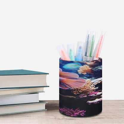 Coral Reef Fish Aquarium Pen Holder PU Leather Pencil Holder Round Makeup Brushes Cup Holder for Desk Office Pen Organizer Large Capacity Pencil Holder for Home Study Room