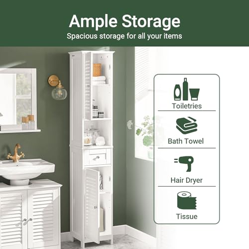 Haotian Narrow Bathroom Storage Cabinet, 67" Tall Skinny Bathroom Shelf with Drawers, Freestanding Corner Cabinet with Adjustable Shelves for Laundry Room, White, FRG236-W