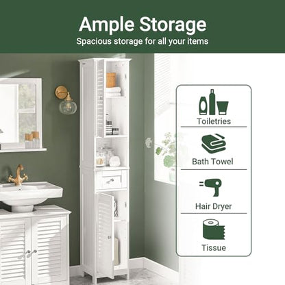 Haotian Narrow Bathroom Storage Cabinet, 67" Tall Skinny Bathroom Shelf with Drawers, Freestanding Corner Cabinet with Adjustable Shelves for Laundry Room, White, FRG236-W