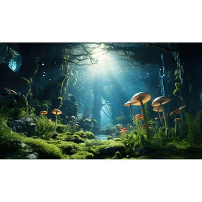 Jungle Rainforest Fish Tank Background Tropical Underwater Cave Aquarium Background Mushrooms Lush Green Moss Terrarium Backgrounds Lake Stream Rock Reptile Tank Backgrounds Wallpaper Poster 24x12in - size: 24(W)x12(H)inches/ 60(W)*30cm(H)