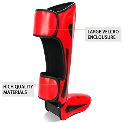 MMA Martial Arts Shin Guards,Muay Thai | Padded, Adjustable, Instep Protection, Muay Thai,Kickboxing,MMA Training, Professional Equipment - color: Red, size: Medium