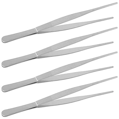 Bonsicoky 4Pcs 8 Inch Stainless Steel Tweezers, Long Tweezers with Precision Serrated Straight Tips, Non-slip Multitool Tweezer for Cooking, Repairing, Medical, Garden - size: 8" x 4(Straight)