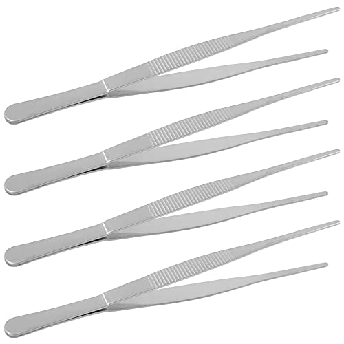 Bonsicoky 4Pcs 8 Inch Stainless Steel Tweezers, Long Tweezers with Precision Serrated Straight Tips, Non-slip Multitool Tweezer for Cooking, Repairing, Medical, Garden - size: 8" x 4(Straight)