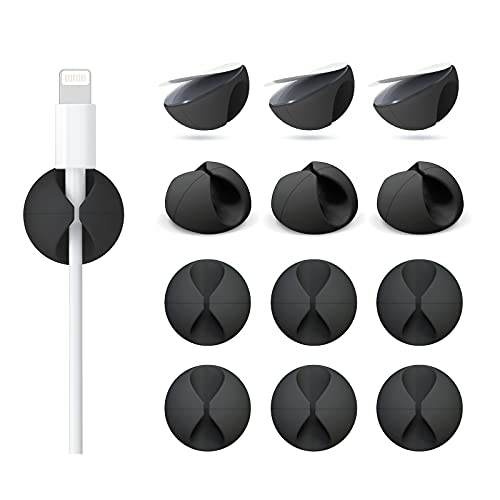 12 Pack Cable Clips, Znben Cord Organizer Holder Adhesive Cable Management Charger Wire Holder Clips for Desk, Home, Office, Car, Cubicle, Nightstand Black