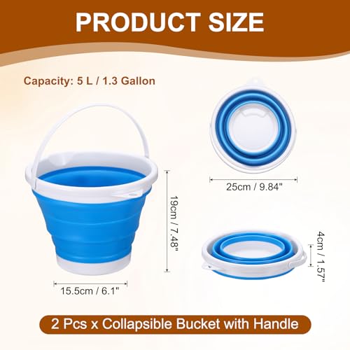 uxcell 2 Pcs Collapsible Bucket, 1.3 Gallon (5L) Small Foldable Bucket, Portable Water Pail Round Tub Cleaning Tools with Handle for RV Camping Household Garden Fishing Car Wash, Blue - color: Blue