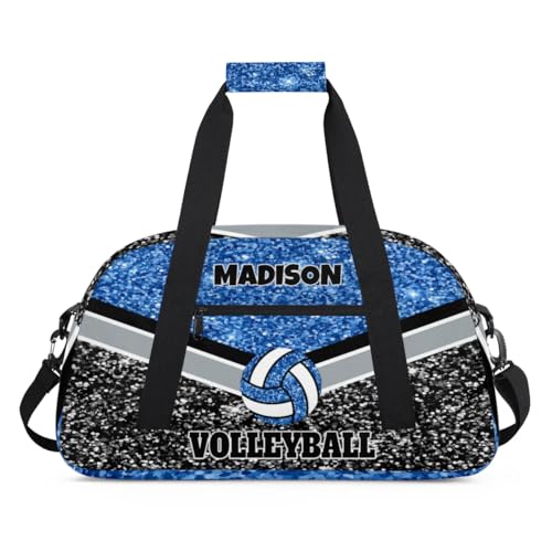 Personalized Volleyball Bag for Teens, Blue and Black Glitters Sequins | Custom Dance Bag Name Overnight Small Duffel Bag for Practice Gymnastics Ballet Sports Bag - color: Blue Black