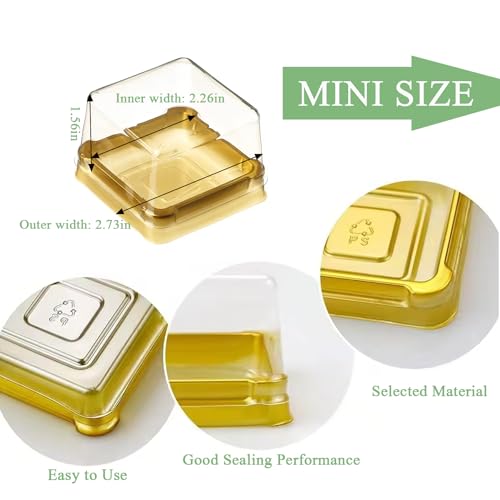 50Pcs Square Plastic Cake Boxes with Lids, 2.73" Clear PET Dessert Containers for Cupcakes, Muffins, Pastries, Bakery Packaging for Wedding, Birthday, Party Favors (gold base) - color: gold base