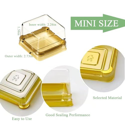 50Pcs Square Plastic Cake Boxes with Lids, 2.73" Clear PET Dessert Containers for Cupcakes, Muffins, Pastries, Bakery Packaging for Wedding, Birthday, Party Favors (gold base) - color: gold base