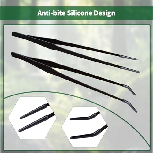 2 Pack Stainless Steel Reptile Feeding Tongs with Rubber Tip, 10.6" Straight & Curved Tweezers, for Aquarium or Craft, Planted Tank, Terrarium Tank, Feeder for Beard Dragons, Lizard and Snakes, Silver