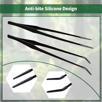 2 Pack Stainless Steel Reptile Feeding Tongs with Rubber Tip, 10.6" Straight & Curved Tweezers, for Aquarium or Craft, Planted Tank, Terrarium Tank, Feeder for Beard Dragons, Lizard and Snakes, Silver