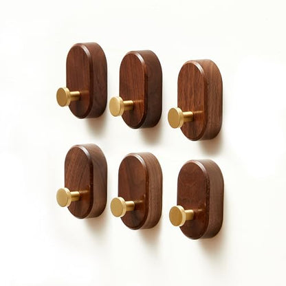 Wood Coat Hooks Wall Mount - Modern Walnut Coat Hook with Brass Accent for Hanging Clothes,Keys,Purse,Robes,Towel,Backpacks, Single Brass Wall Hooks Heavy Duty for Entryway, Closet, Bathroom (6 Pack) - size: HT-6Pack