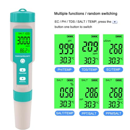 Aquarium Salt Tester -Pool Salt Tester, Versatile 5 in1 Salinity, PH, TDS, EC, and Temperature Meter, Digital Salinity Tester for Saltwater Aquarium, Accurate Salinity Meter,Green