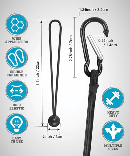 4 Pack 18 in Bungee Cords with Carabiner Hooks, 78 lb Max Load - size: 18"Bungee Cords with Hooks
