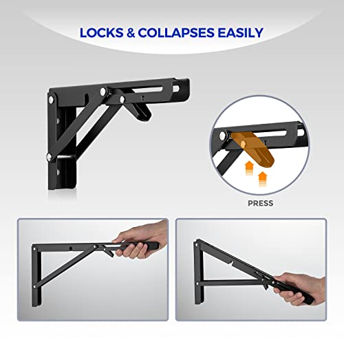 Ravinte 2 Pack 12 Inch Folding Shelf Brackets – Matte Black, Heavy Duty Collapsible Brackets for Tables and Benches – Space-Saving Design - size: 12 Inch