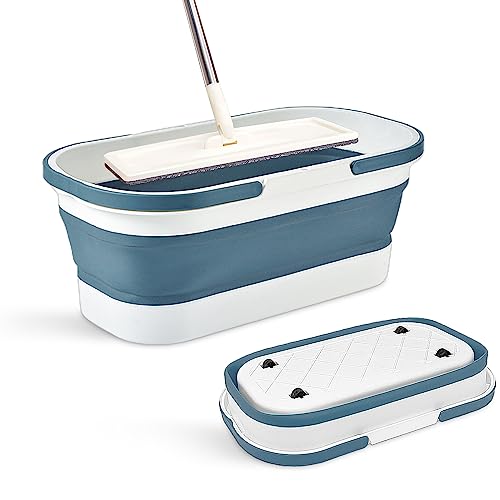14L(3.7 Gallon) Collapsible Plastic Bucket with Wheels for House Cleaning, Multi-Purpose Rectangular Handy Basket for Cleaning Mop, Camping, RV (14L-Blue) - color: 14l-blue