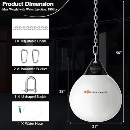 Goplus Water Aqua Bag, 21'' 180 Pound /18” 110 Pound Heavy Punching Bag with Adjustable Metal Chain, Water Injection Hose, Boxing Training Bag for Adults Fitness, MMA - style: White-21”, 180LBS
