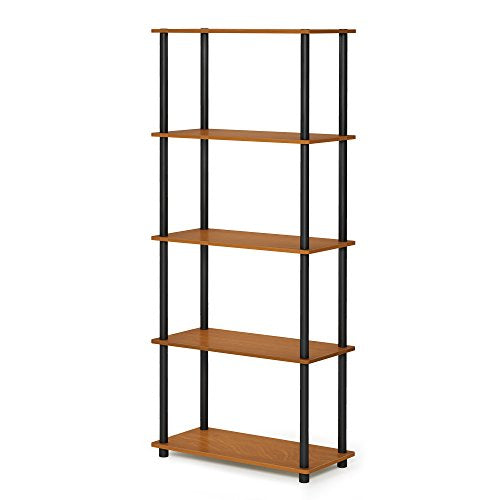 Furinno TURN-N-TUBE Storage Shelves, 5-Tier Book Shelf, Corner Shelf, Toolless Open Shelves, for Organization and Storage, Living Room, Garage, Home Office, Light Cherry - color: Light Cherry/Black, size: 5-Tier Round Tube
