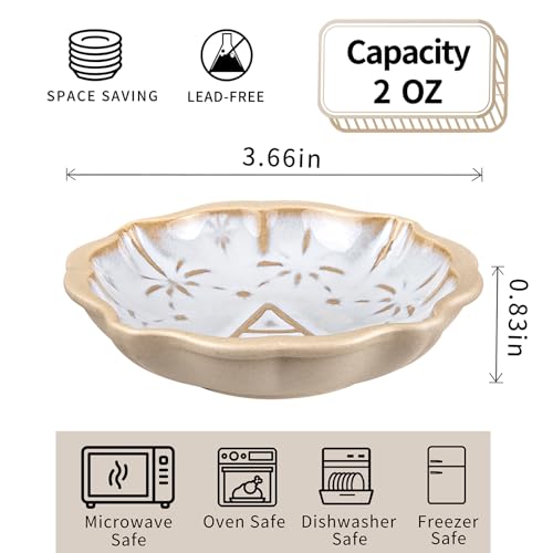 Ceramic Soy Sauce Dish, 2 Oz Beige Dipping Bowls Set, Small Serving Bowls, Set of 2 Mini Dip Plates for Side Dishes, Ketchup, Appetizer, Soy, Vinegar, Sushi, BBQ, Party, Condiments (Q)