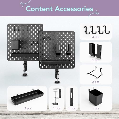 EHO Clamp-On Desk Pegboard, 2Pack (Combined Size 27 x 14 inch) Privacy Divider, Desk Partition Panel, No-Drill Desk Mounted Peg Board Organizer for Office, Gaming, Home, Black