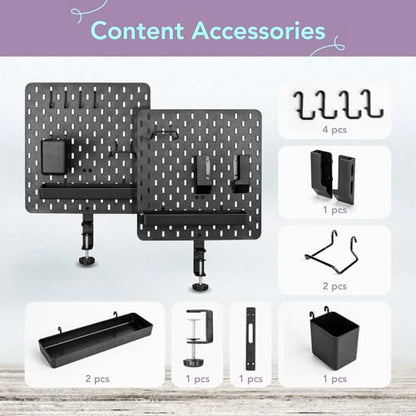 EHO Clamp-On Desk Pegboard, 2Pack (Combined Size 27 x 14 inch) Privacy Divider, Desk Partition Panel, No-Drill Desk Mounted Peg Board Organizer for Office, Gaming, Home, Black