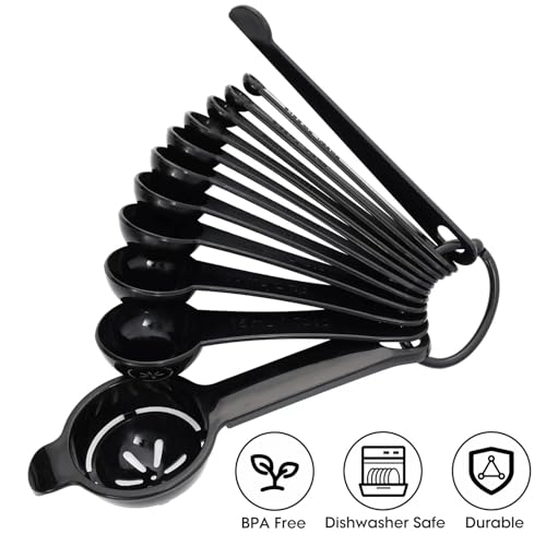 Measuring Spoons, Plastic Measuring Spoons Set with Egg Separator 12-Piece,Black - color: Black