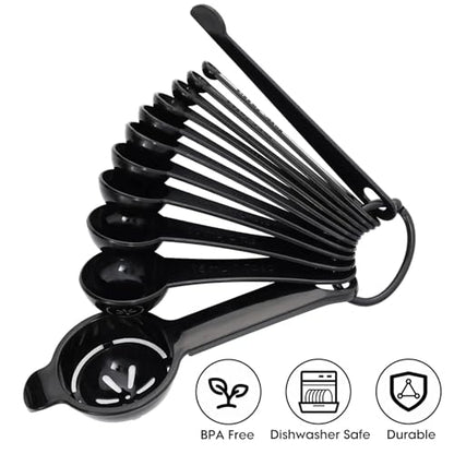 Measuring Spoons, Plastic Measuring Spoons Set with Egg Separator 12-Piece,Black - color: Black