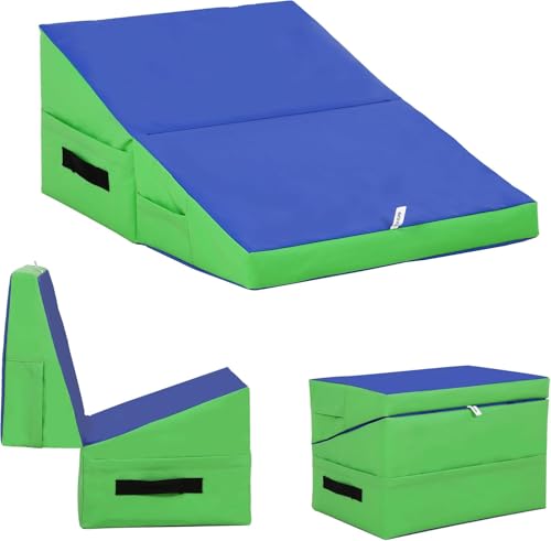 Folding Gymnastics Wedge Mat for Tumbling, Incline Exercise Mat with Handles – Yoga, Pilates & Martial Arts Training Mat for Home Gym, Durable Non-Slip Tumbling Mats for Fitness - color: BLUE, size: 34"x24"