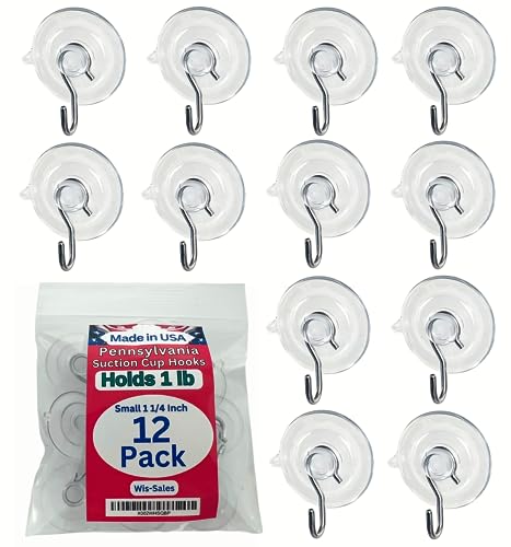 12 Pak Small 1 ¼ -inch (Made in Pennsylvania) Heavy Duty Suction Cup Hooks for Glass Windows. Signs Holiday Ornaments Suncatchers-(Holds 1 Pound) - size: 12-Pack 1 1/4 Inch