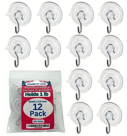 12 Pak Small 1 ¼ -inch (Made in Pennsylvania) Heavy Duty Suction Cup Hooks for Glass Windows. Signs Holiday Ornaments Suncatchers-(Holds 1 Pound) - size: 12-Pack 1 1/4 Inch