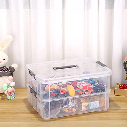 JUXYES 2-Tiers Stack Carry Storage Box With Handle, Transparent Stackable Storage Bin With Handle Lid Latching Storage Container for School & Office Supplies