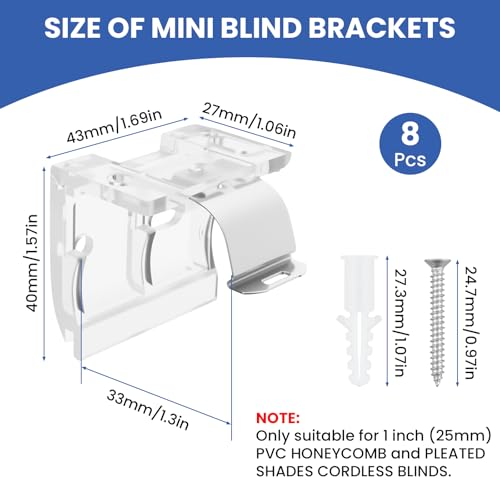 8 Pack Mounting Bracket with Metal Clip, Hidden Replacement Brackets for 1" (25mm) Pleated Shades Cordless Blinds Headrail, Mini Blinds, with Screws