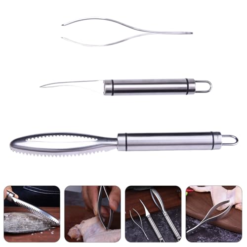 MAGICLULU Fish Scale Scraper and Fishbone Tweezer Set, Stainless Steel Seafood Tools Shrimp Deveiner, Precision Kitchen Gadget for Fish Cleaning and Scale Removal, 3pcs White Box Kit