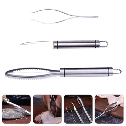 MAGICLULU Fish Scale Scraper and Fishbone Tweezer Set, Stainless Steel Seafood Tools Shrimp Deveiner, Precision Kitchen Gadget for Fish Cleaning and Scale Removal, 3pcs White Box Kit