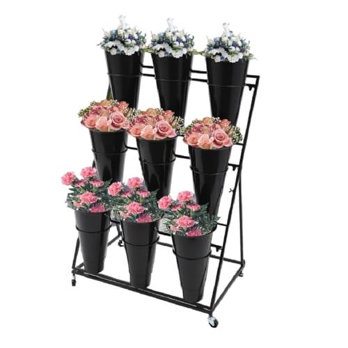 Flower Display Stand with 9 Buckets, 3 Layers, Indoor/Outdoor Flower Shelf for Patio, Living Room, Florist, Black - style: 3 Layers 9 Buckets Black
