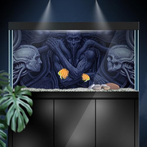 Aquarium Background Stickers - Alien Skull Blue Ritual - Fish Tank Reptile Terrarium Decor Poster (45 x 30 cm / (17.7 x 11.8 inches))