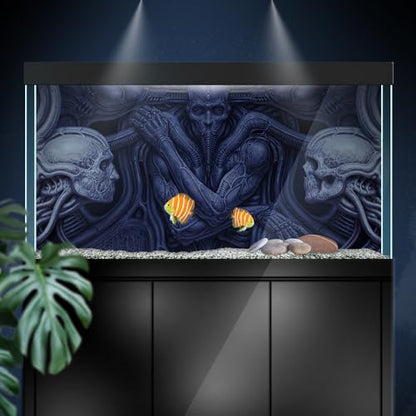 Aquarium Background Stickers - Alien Skull Blue Ritual - Fish Tank Reptile Terrarium Decor Poster (45 x 30 cm / (17.7 x 11.8 inches))
