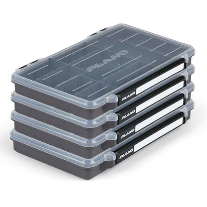 Plano StowAway 3700 50/50 Split Stow Tackle Box, 4-Pack, Corrosion-Preventive Rustricor, Single Latch Design, Transparent DuraView Lid, Stackable Storage for Fishing Bait, Lures and Gear - size: 3700 50/50 Split 4-Pack, style: New Model
