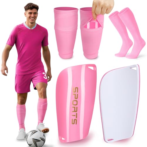 XZQTIVE Soccer Shin Guards with Shin Sleeves and Soccer Socks, Football Shin Pads Set for Kids Youth and Adult - color: light pink, size: L(Youth/Adult)