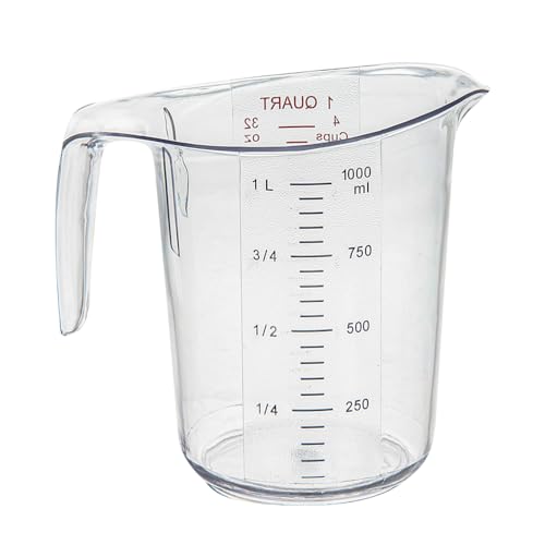 Restaurantware RW Base 1 Quart Measuring Jar 1 Durable Measuring Beaker - Metric And Imperial Units V-Shaped Spout Clear Plastic Measuring Cup Handle With Thumb-Grip Tolerates Up To 248F - color: Clear, size: 6.50" × 4.75" × 6.00"