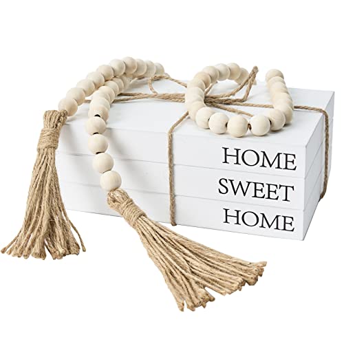 Decorative Books for Home Decor, White Faux Books for Decoration, Rustic Farmhouse Stacked Display Books with 52in Wood Bead Garland for Coffee Tables Living Room, (Home Sweet Home) - style: Home Sweet Home