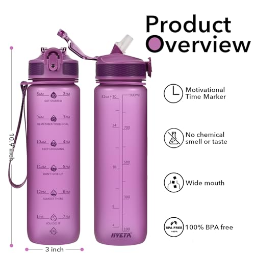 Hyeta Plastic Water Bottle With Straw & Time Marker, 32oz Leakproof Jug - color: Lavender
