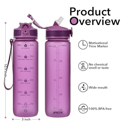 Hyeta Plastic Water Bottle With Straw & Time Marker, 32oz Leakproof Jug - color: Lavender