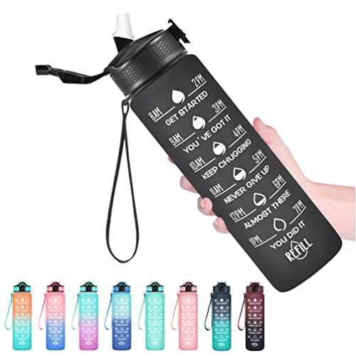 Hyeta Water Bottle with Straw & Time Marker, Plastic 32oz Leakproof - color: Black Matte