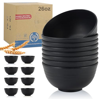 Wheat Straw Bowl Sets,8 PCS Unbreakable Cereal Bowls 26 OZ,Microwave and Dishwasher Safe Bowls,Alternative Plastic Bowl Reusable for cereal,salad,snack and soup (Pure Black)