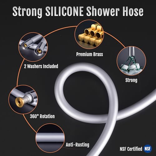 Shower Hose, Ultra-Soft Silicone Shower Hose Extension, Anti-Kink Designed Long Handheld Shower Head Hose Replacement with Brass Insert and Nut, 79 Inches, Silver - color: Silver, size: 79 Inches