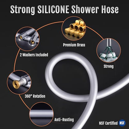 Shower Hose, Ultra-Soft Silicone Shower Hose Extension, Anti-Kink Designed Long Handheld Shower Head Hose Replacement with Brass Insert and Nut, 79 Inches, Silver - color: Silver, size: 79 Inches