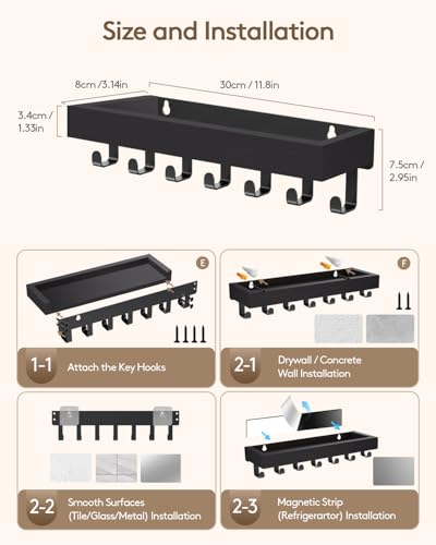 Key Holder Wall Mount Magnetic Adhesive, Key Hooks Rack with Shelf - color: Black, size: Large