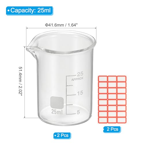 PATIKIL 25ml Glass Beaker, 2 Pack Measuring Glass Beaker Graduated Borosilicate Lab Cups Mug Low Form Heat Safe Transparent with Spout Label for Laboratory Science Kitchen Liquids - size: 25ml