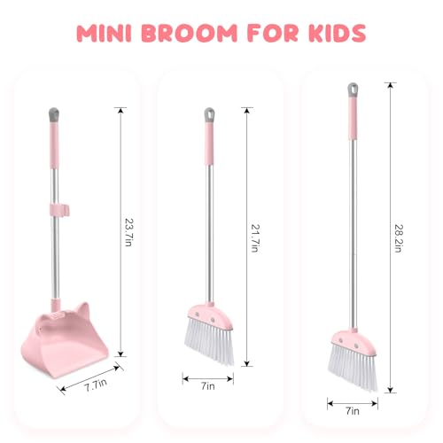 Mini Broom with Dustpan for Kids, 28-in Handle Kids Broom and Dustpan Set for Toddlers Cat-Shaped Children Cleaning Set Boys Girls Small Housekeeping Helper Set, Pink